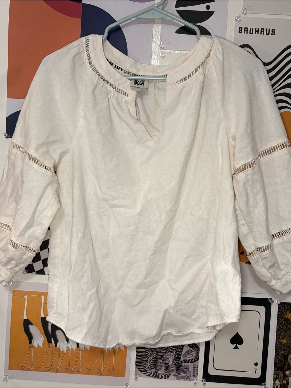 Anne Klein Cream White Eyelet Trim Peasant Tunic